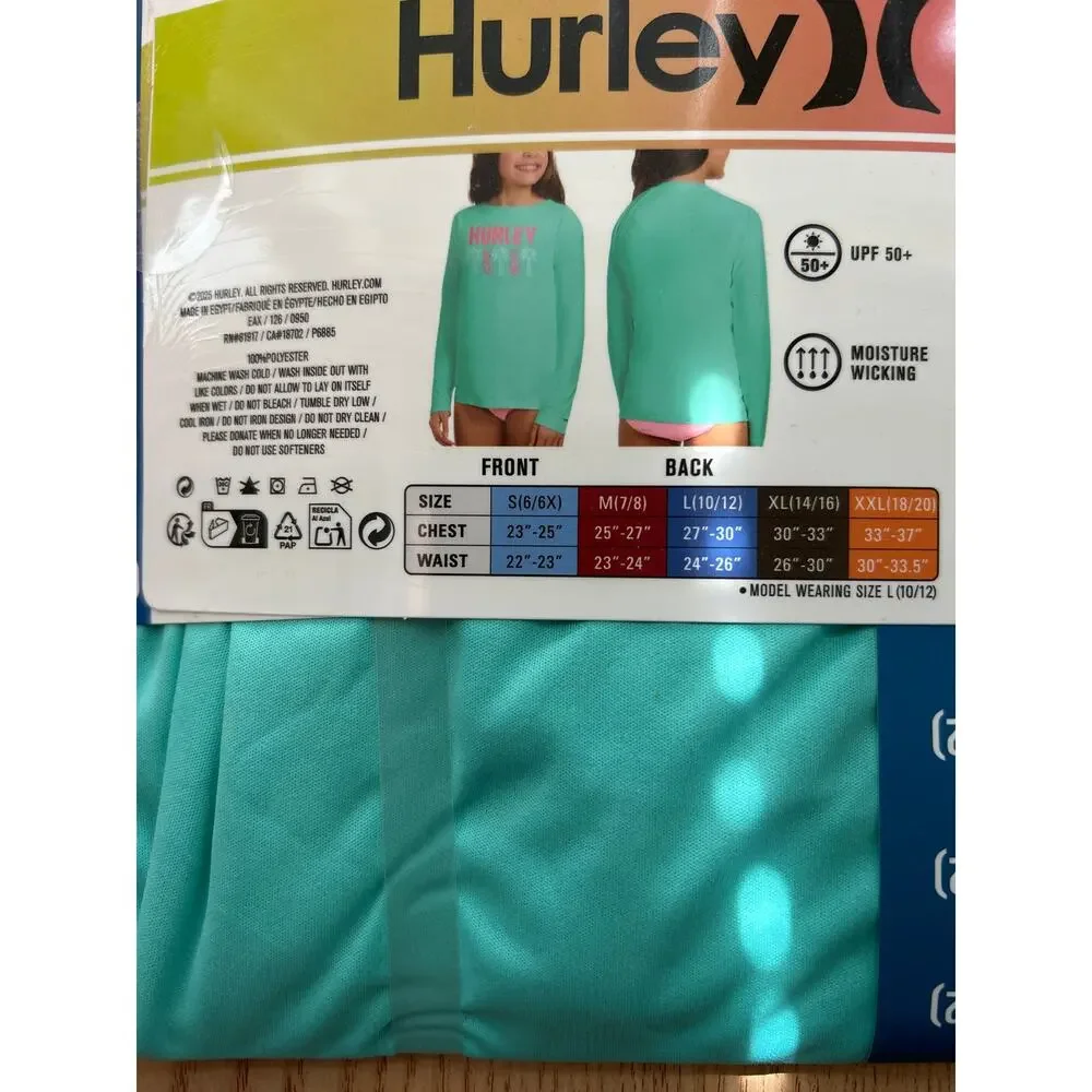 #2 New Girls Hurley Tropic Print Swim Top L Sleeve UPF 50+ Turquoise Large 10-12
